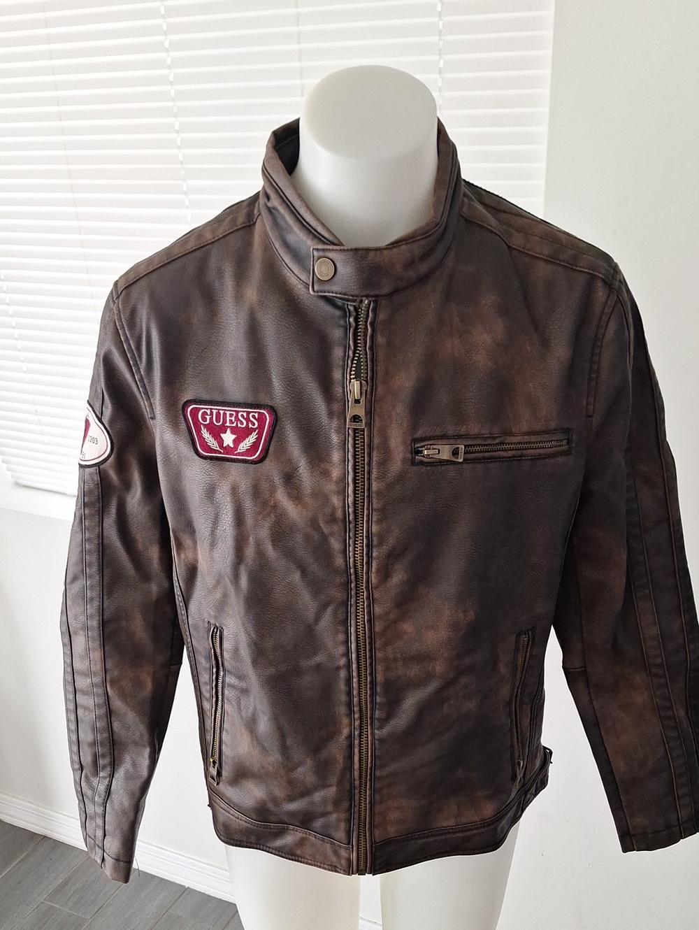 GUESS Brown Distressed Leather Bomber Aviator Jacket with Red Patch